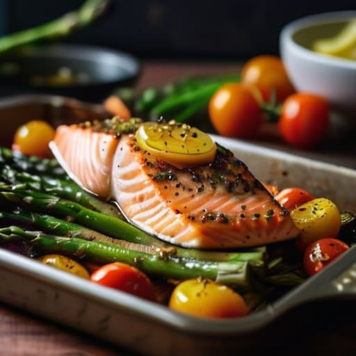 One-Pan Performance Salmon with seasonal vegetables.